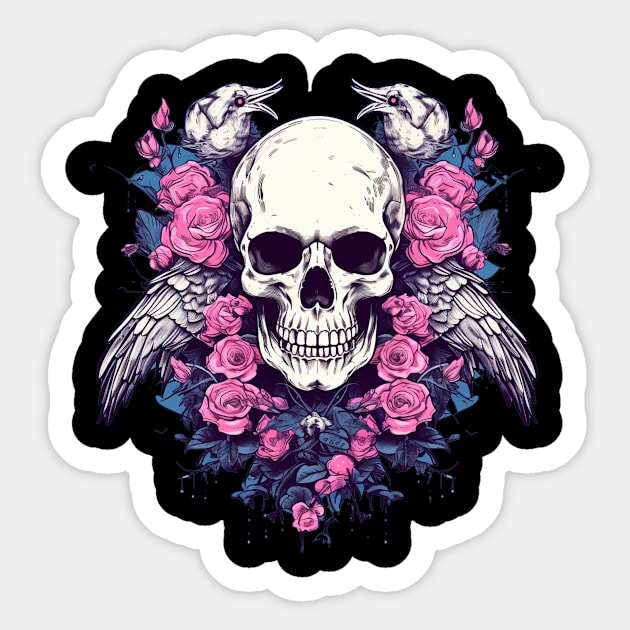 Skull with Birds and Flowers Sticker by TOKEBI